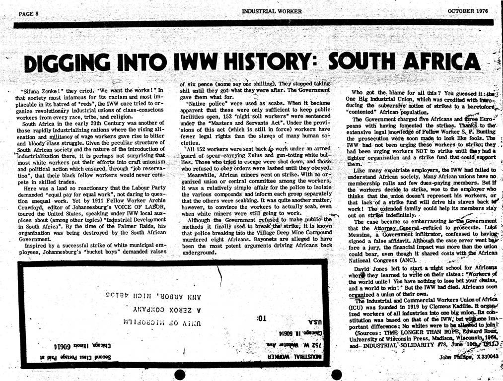 (1976) “Digging into IWW history: South Africa” by John Philips